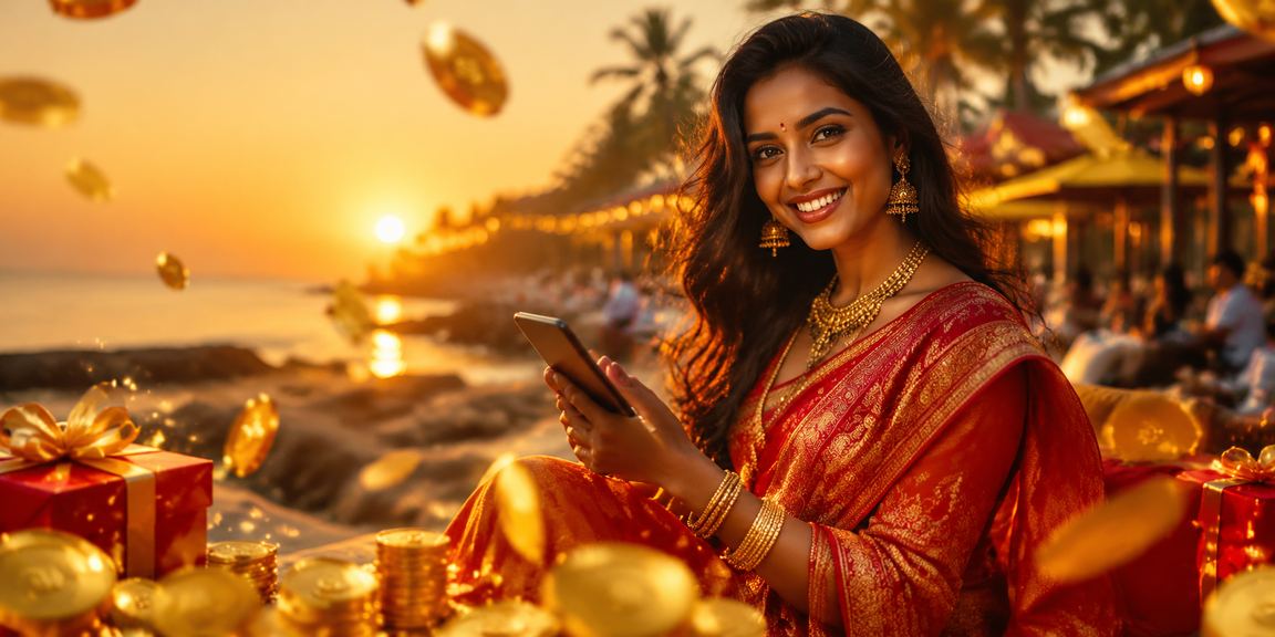 Woman playing mobile casino games on a sunny beach in Goa