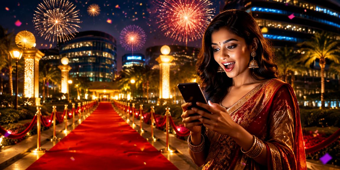 Indian woman enjoying casino games on mobile with festive vibes